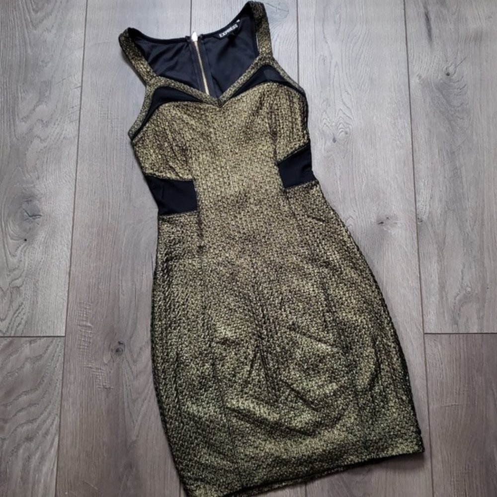 Express Gold Mesh Panel Sleeveless Mini Dress